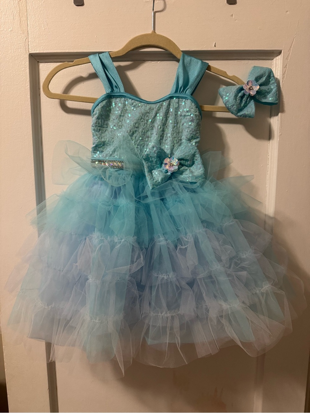 Weissman Shimmery Teal Tulle Dance Dress with Matching Hair Bow
